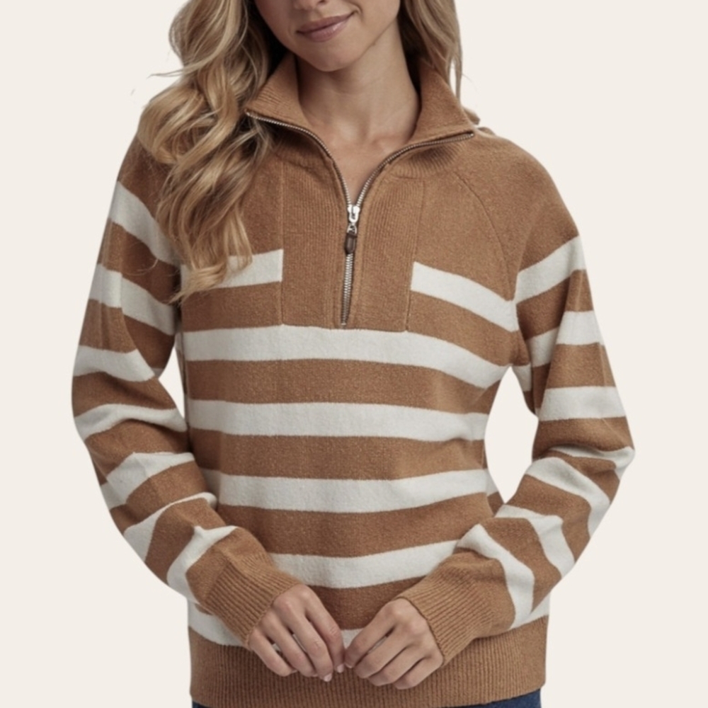 Charter Club Cashmere Brown and White Striped Turtleneck Sweater